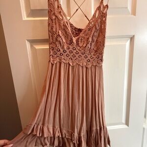 Free People Lace Mini Dress in Tan